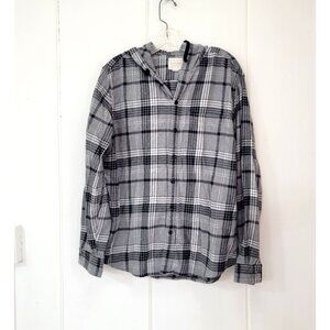 American Eagle Mens Gray/Black Plaid Button-Up Hooded Flannel Shirt
